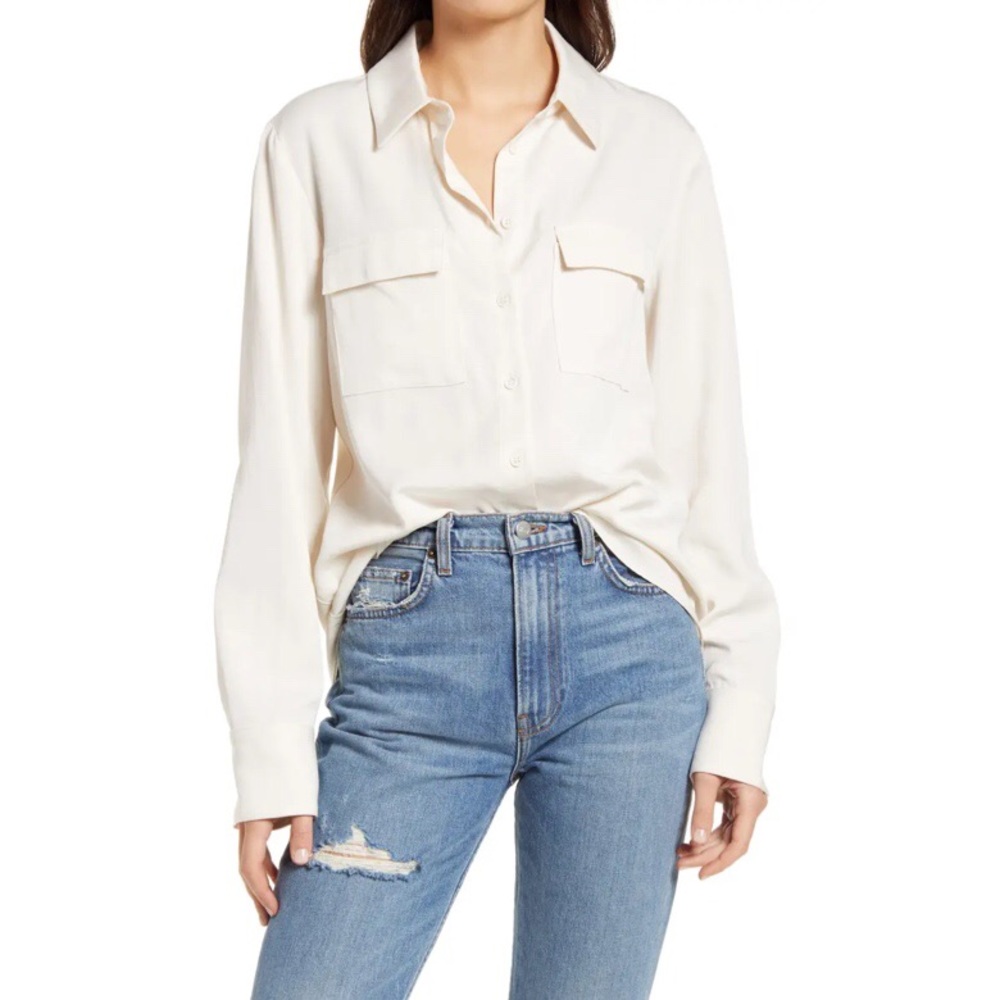 Reformation NWT Latte Tencel Button Down Long Sleeve Collar Top in Ivory/Cream